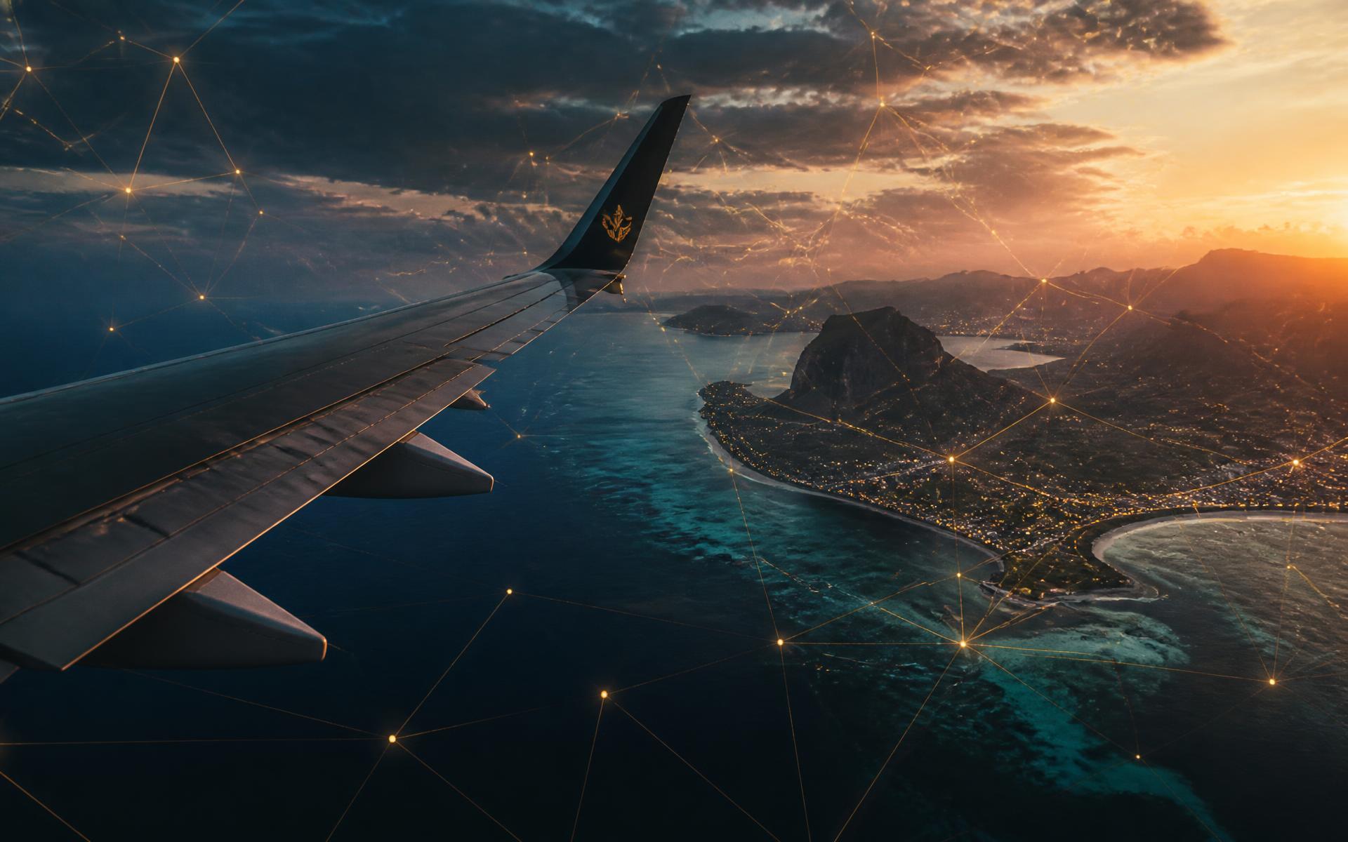Aerial coastline at sunset